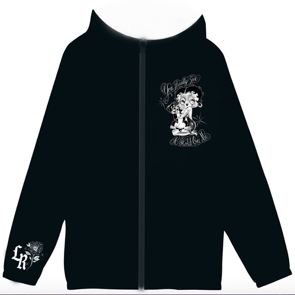 Limited Edition 'You Really Got A Hold On Me' Pen & Ink Cut & Sew Hooded Mesh Lined Windbreaker (Black)
