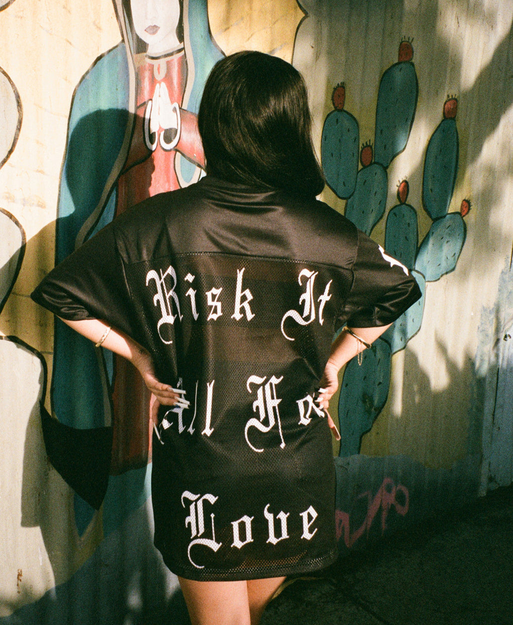 Risk It All For Love' Airbrush Cut & Sew Mesh Football Jersey (BLACK)