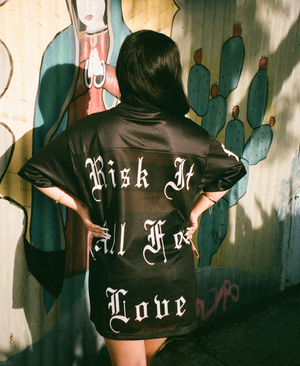 Risk It All For Love' Airbrush Cut & Sew Mesh Football Jersey (BLACK)