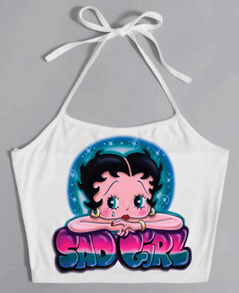 LIMITED EDITION 'Sad Girl Betty' Airbrushed Halter Tank (White)