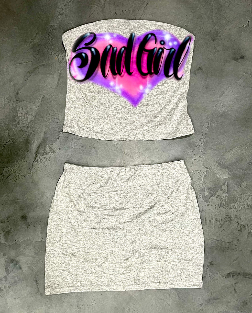 Limited Edition 'SAD GIRL' Airbrushed Tube Top & Skirt Set (Grey)