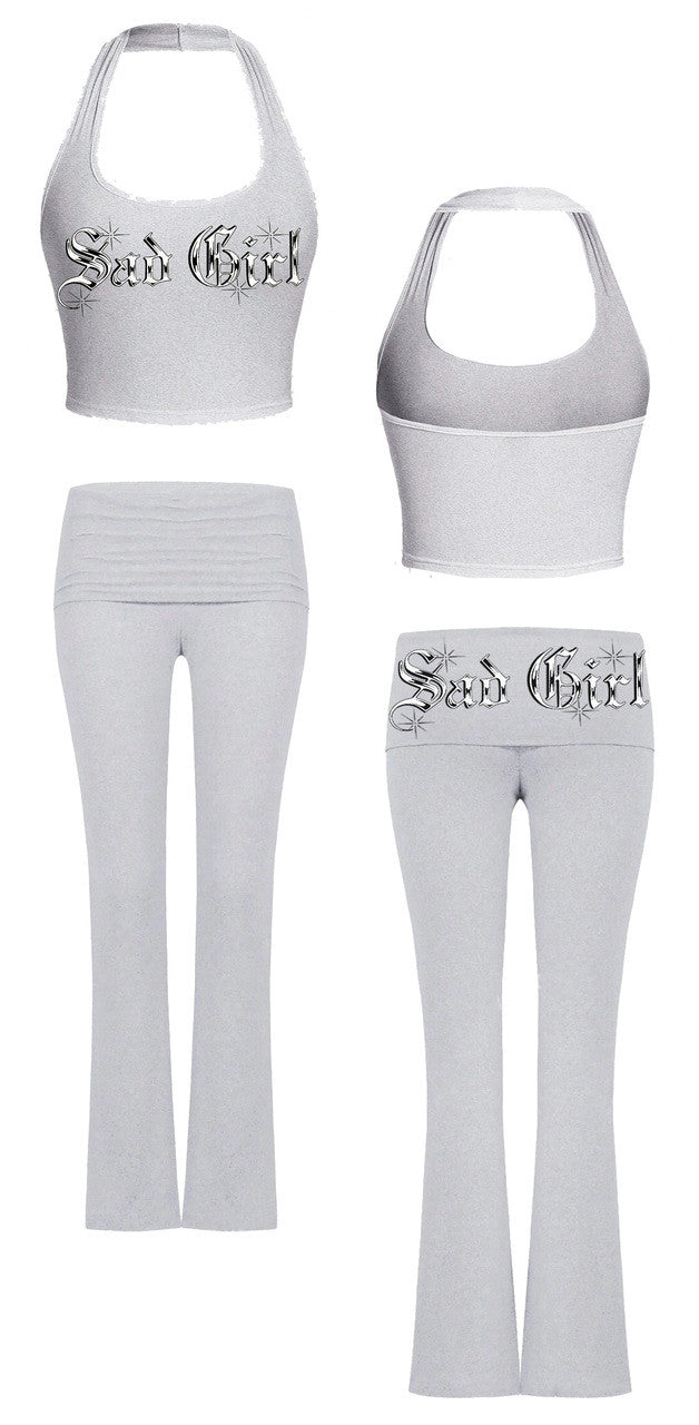 Limited Edition 'Sad Girl OE' Script Halter Tank Top & Leggings Loungewear Set (GREY)