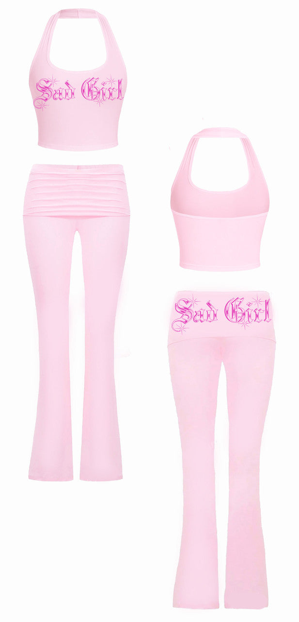 Limited Edition 'Sad Girl OE' Script Halter Tank Top & Leggings Loungewear Set (PINK)