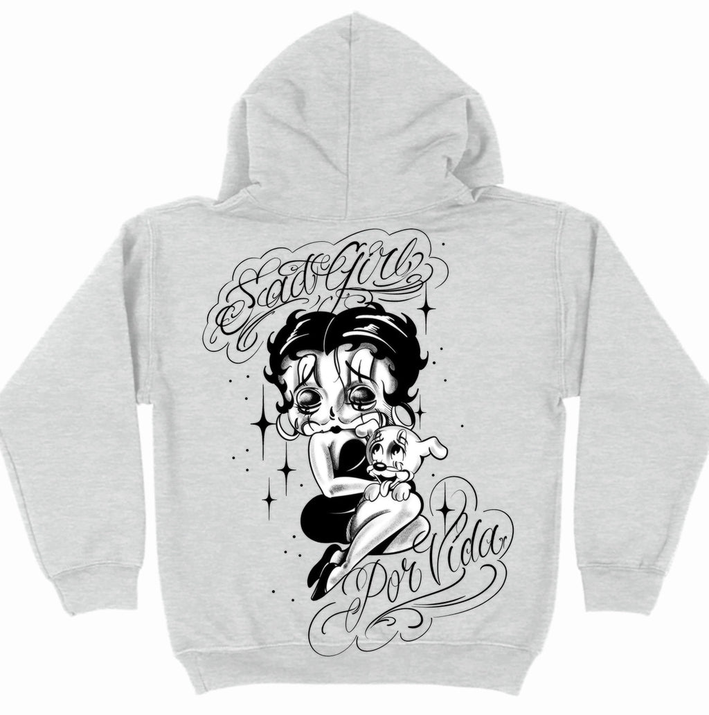 SAD GIRL POR VIDA' Pen & Ink Zip-Up Hoodie (Grey)