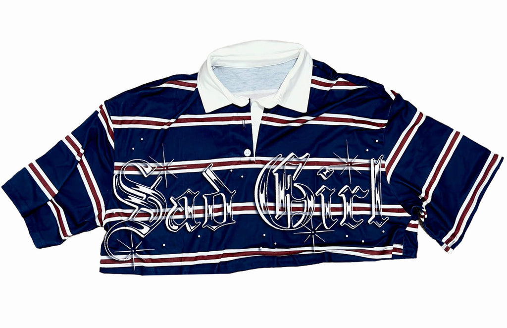 Limited Edition 'SAD GIRL' OE Custom Script Striped Cropped Rugby Shirt (Navy)