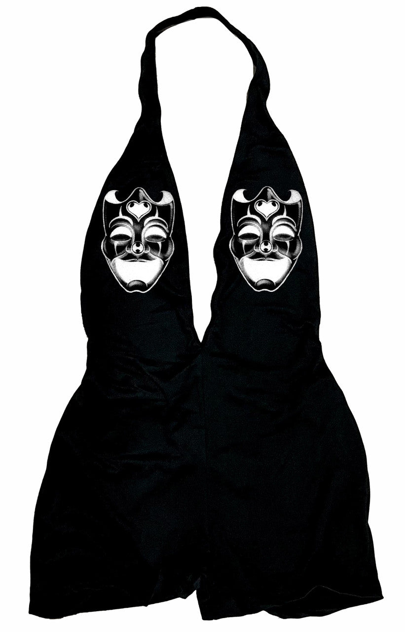 LIMITED EDITION 'SMILE NOW SMILE LATER' PEN & INK ONE PIECE DEEP CUT HALTER ROMPER (Black)