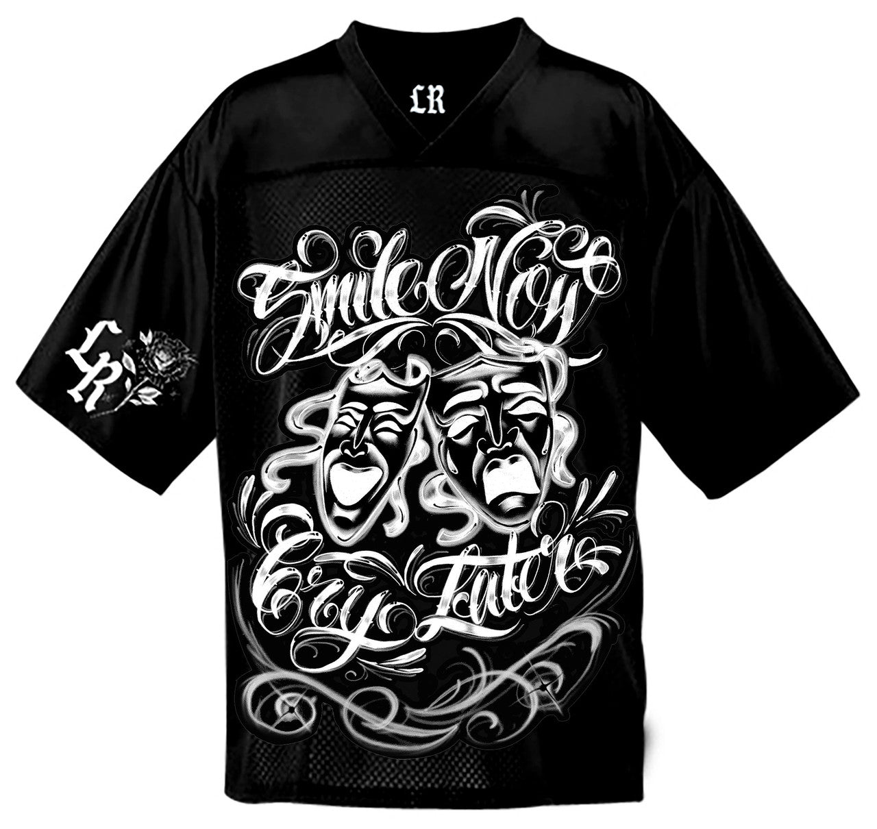 Smile Now, Cry Later' Airbrush Cut & Sew Football Jersey (Black)