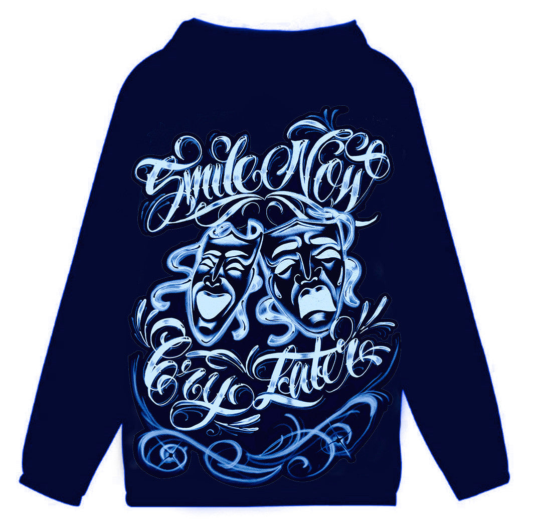 Limited Edition 'Smile Now, Cry Later' Airbrushed Cut & Sew Hooded Mesh Lined Windbreaker (Blue)