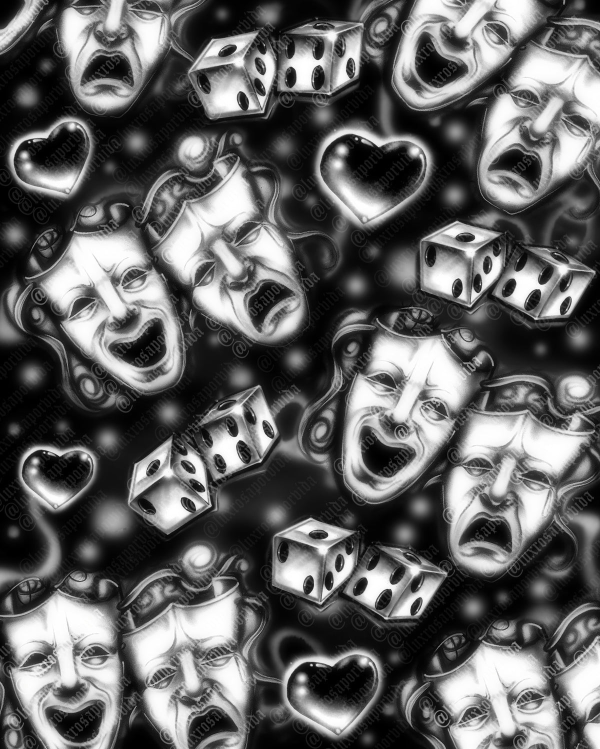 Early 2000s Y2K 'Smile Now Cry Later Chrome Dice & Hearts' Airbrush 90s Glamour Shots Backdrop (BLACK) (Extra Large)