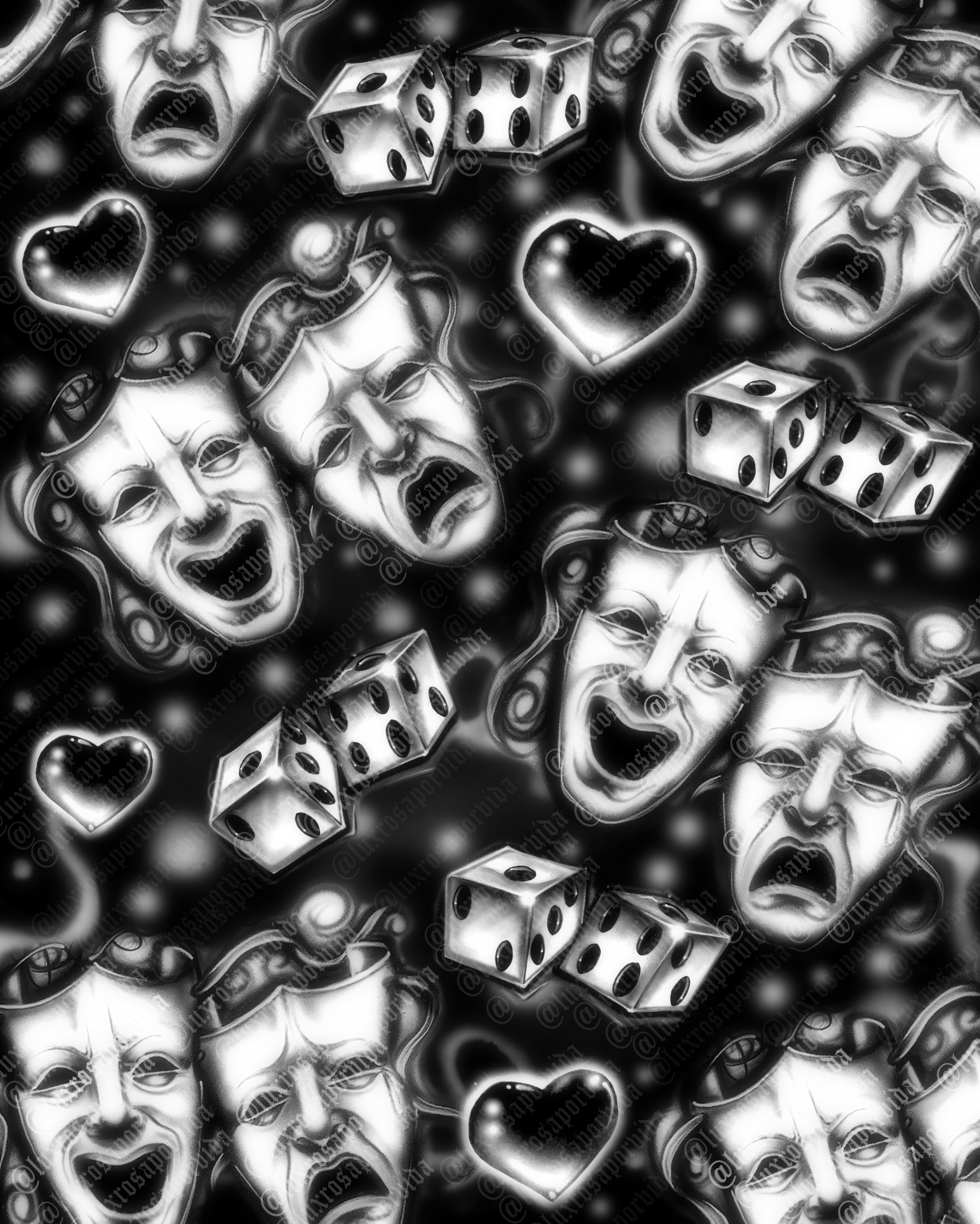 Early 2000s Y2K 'Smile Now Cry Later Chrome Dice & Hearts' Airbrush 90s Glamour Shots Backdrop (BLACK) (Extra Large)