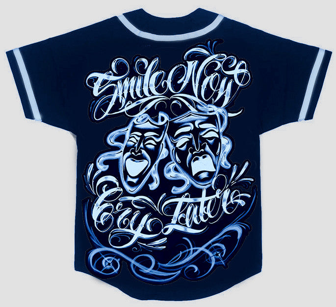 Smile Now, Cry Later' Airbrushed Cut & Sew Baseball Jersey (Blue)