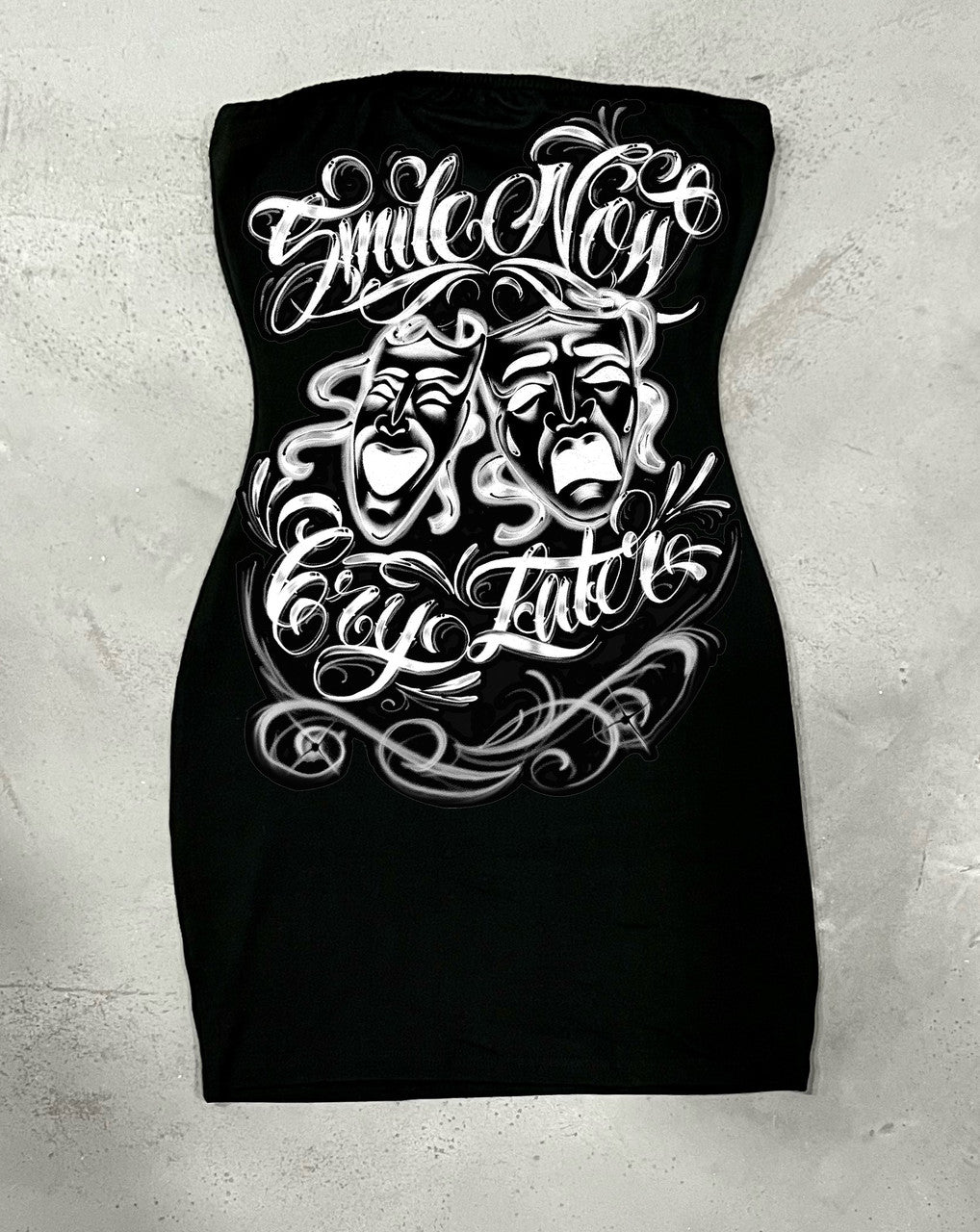 LIMITED EDITION 'SMILE NOW, CRY LATER' AIRBRUSHED STRAPLESS MINI DRESS (Black/White)