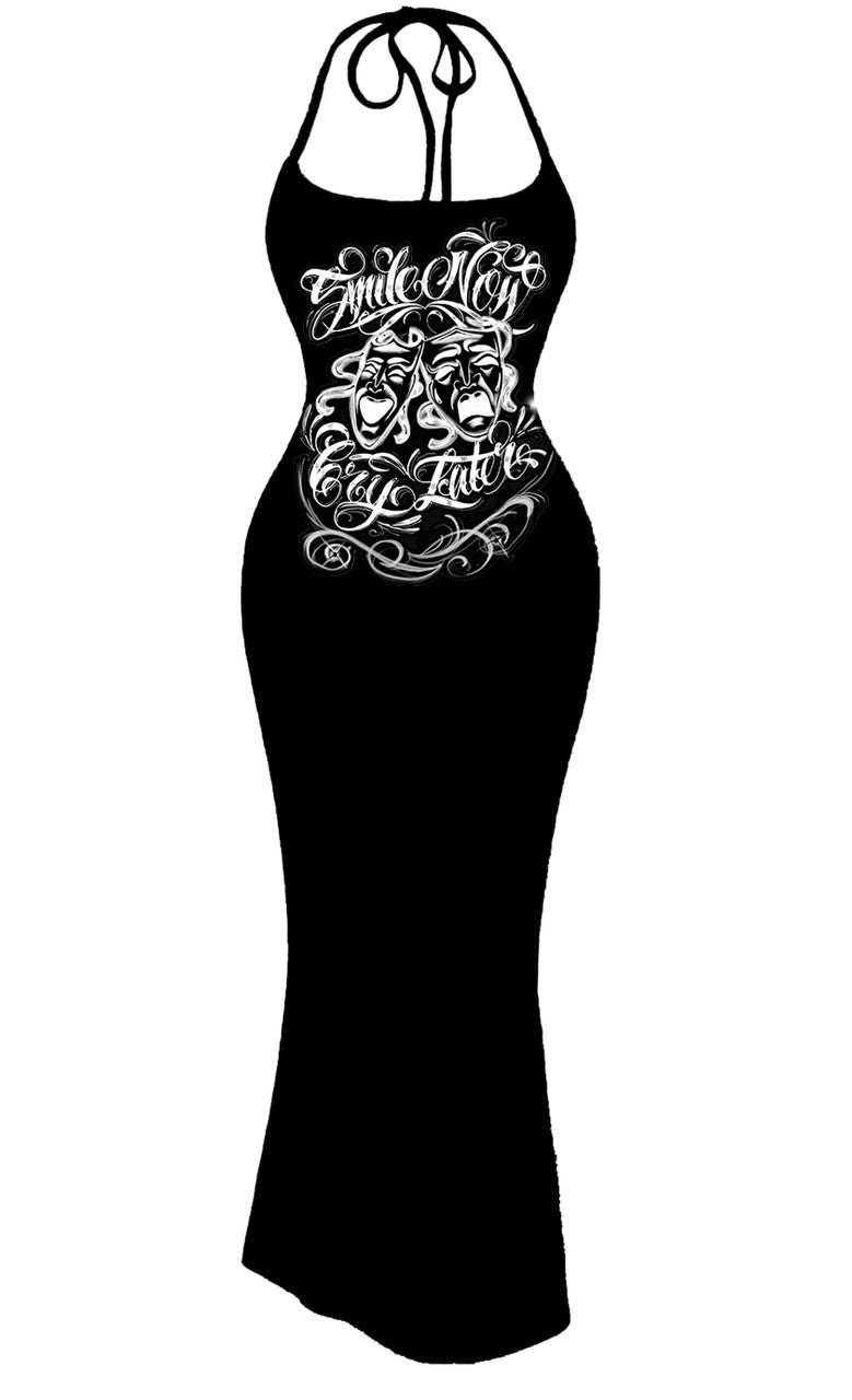Limited Edition 'Smile Now, Cry Later' Airbrushed Halter Tie Long Slip Dress (BLACK)