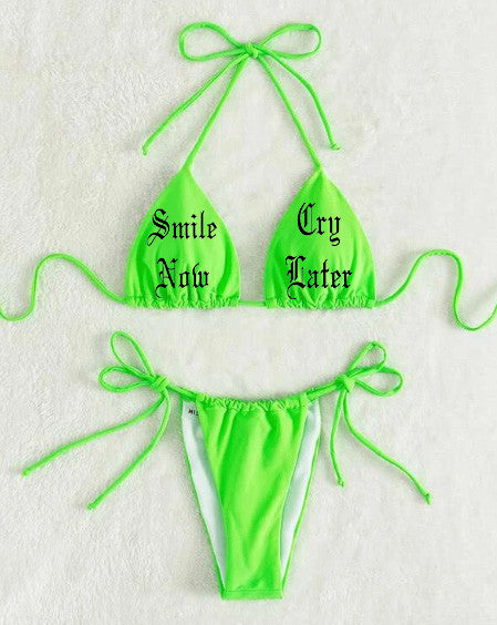 Lux Rosa SMILE NOW, CRY LATER Embroidered Bikini (NEON GREEN)