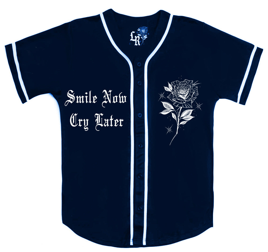 Smile Now, Cry Later' Airbrushed Cut & Sew Baseball Jersey (Blue)