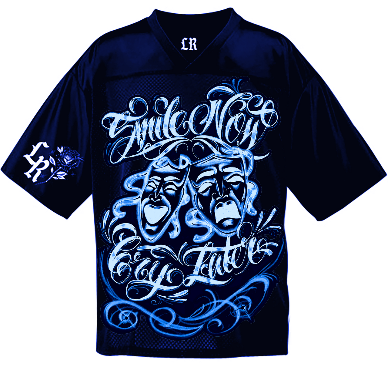 Smile Now, Cry Later' Airbrushed Cut & Sew Football Jersey (NAVY/BLUES)