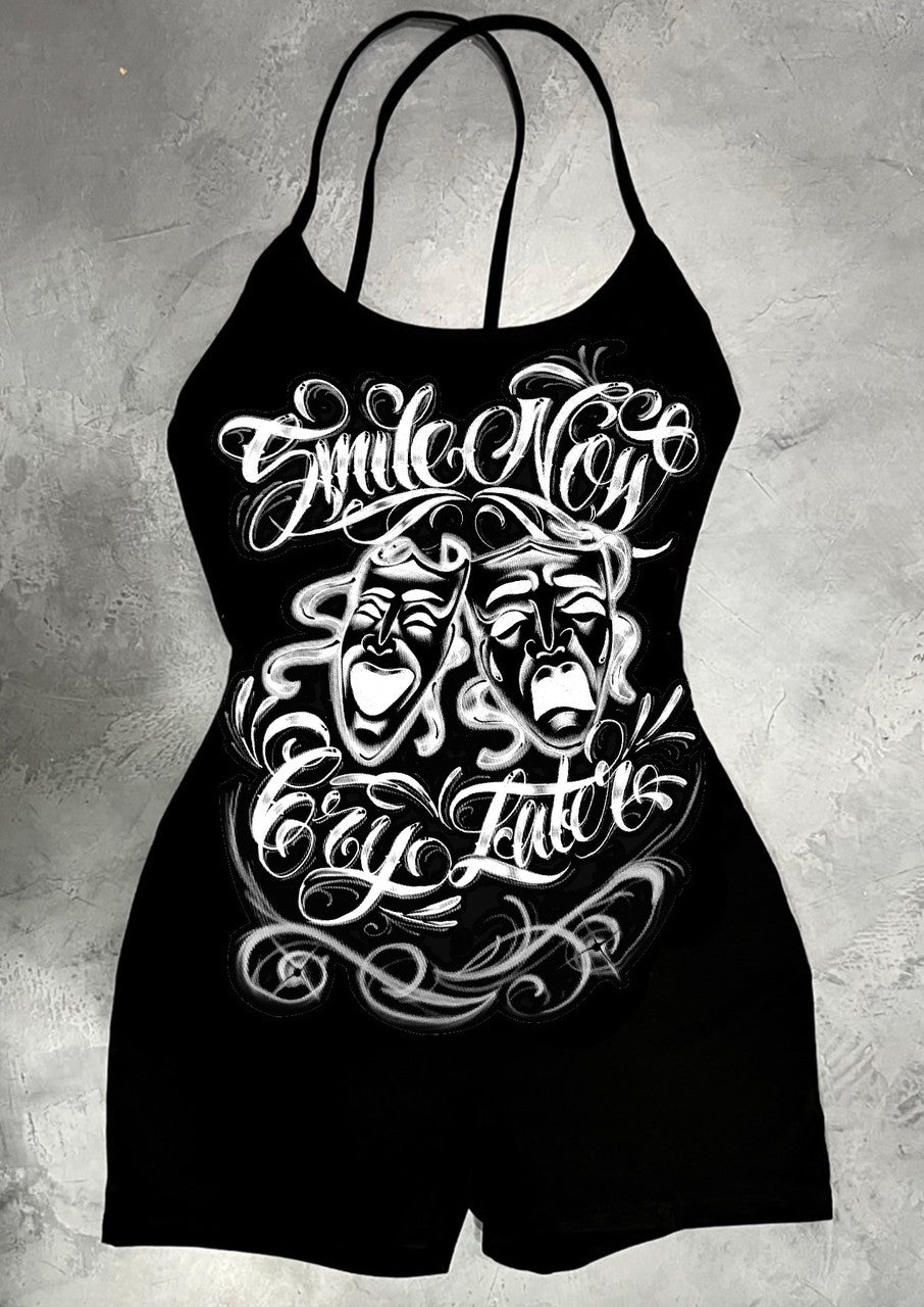 LIMITED EDITION 'SMILE NOW CRY LATER' AIRBRUSHED CRISS CROSS BACK ROMPER (W/STRAPS) (BLACK)