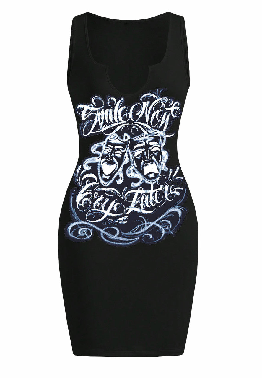 LIMITED EDITION 'SMILE NOW CRY LATER' AIRBRUSH V-NECK MINI DRESS (Black/Midnight Blue)