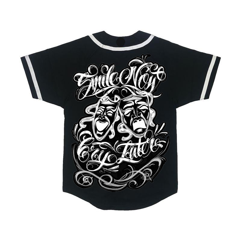 LR 'Smile Now, Cry Later' Airbrushed Cut & Sew Baseball Jersey (Black)
