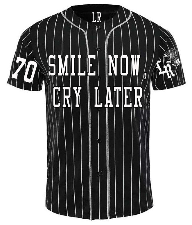 LR 'Smile Now, Cry Later' Cut & Sew Baseball Jersey (Black/White Stripe)
