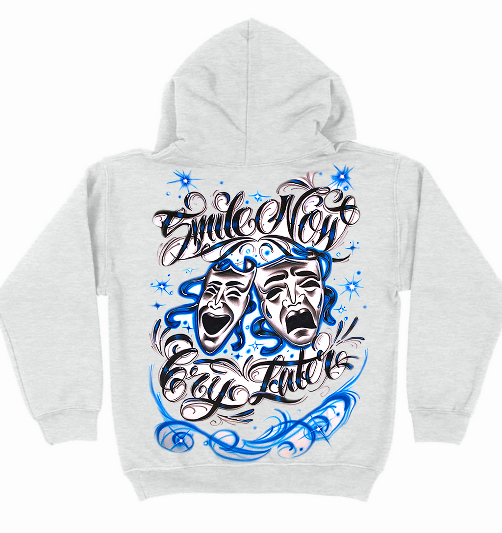 SMILE NOW, CRY LATER' Airbrushed Zip-Up Hoodie (Grey)