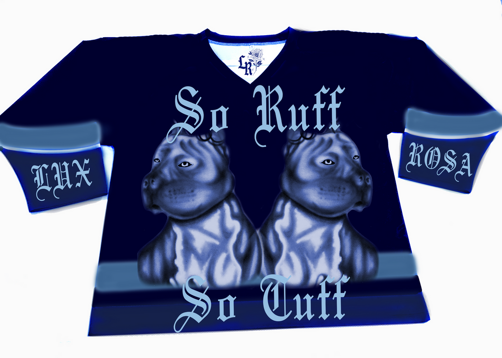 So Ruff, So Tuff' Airbrushed Cut & Sew Long Sleeve Hockey Jersey (Navy/Light Blue)