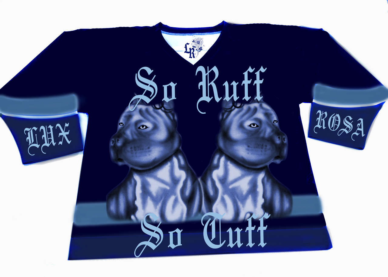 So Ruff, So Tuff' Airbrushed Cut & Sew Long Sleeve Hockey Jersey (Navy/Light Blue)