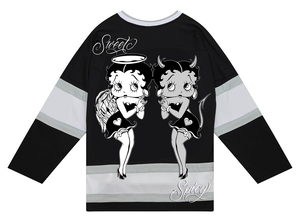 Ultra Premium 'Sweet & Spicy' Pen & Ink Cut & Sew Long Sleeve Hockey Jersey (Black/Grey)