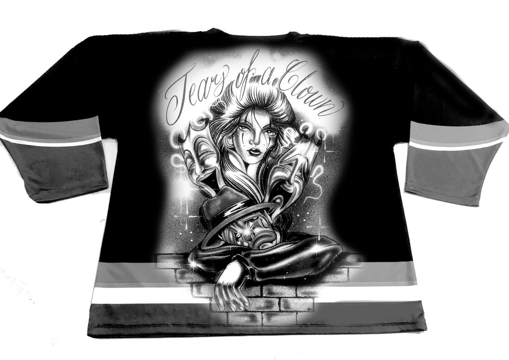 TEARS OF A SAD CLOWN' Pen & Ink Cut & Sew Long Sleeve Hockey Jersey (Black/Grey)