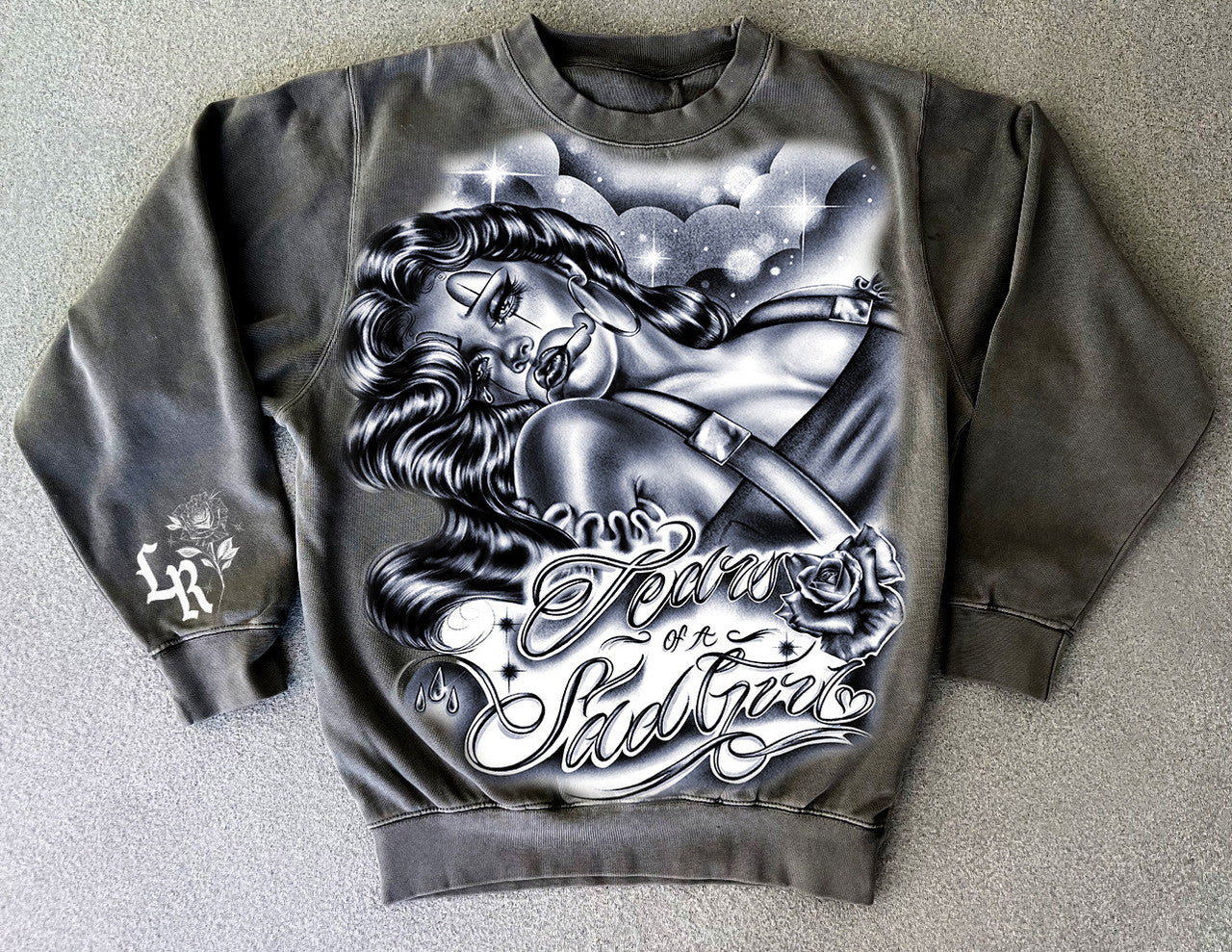Limited Edition 'Tears Of A Sad Girl' Blue/Silver Ultra Premium Heavy Crewneck (Vintage Acid Washed Black)
