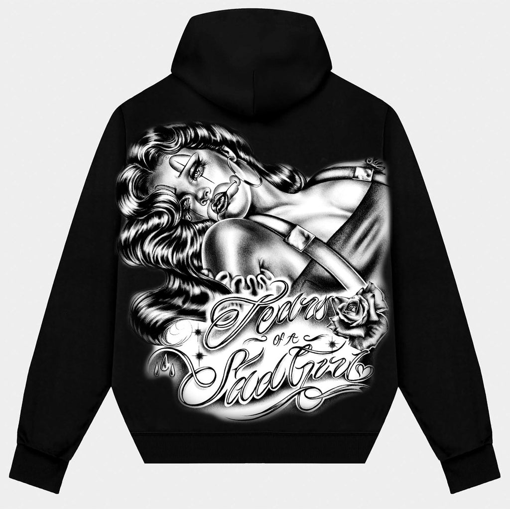TEARS OF A SAD GIRL' Pen & Ink Premium Fleece Zip-Up Hoodie (Black/White)
