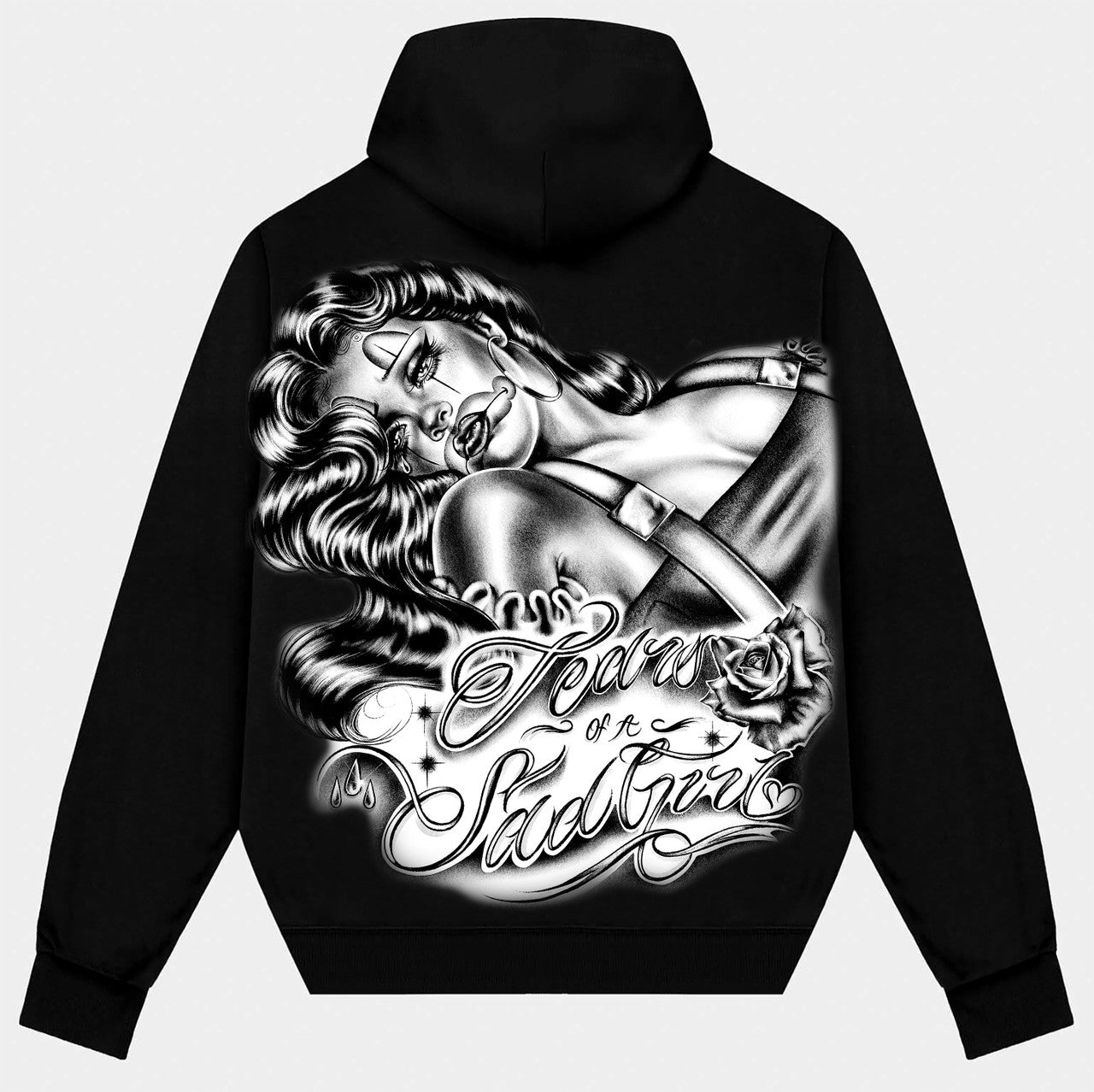 TEARS OF A SAD GIRL' Pen & Ink Premium Fleece Zip-Up Hoodie (Black/White)