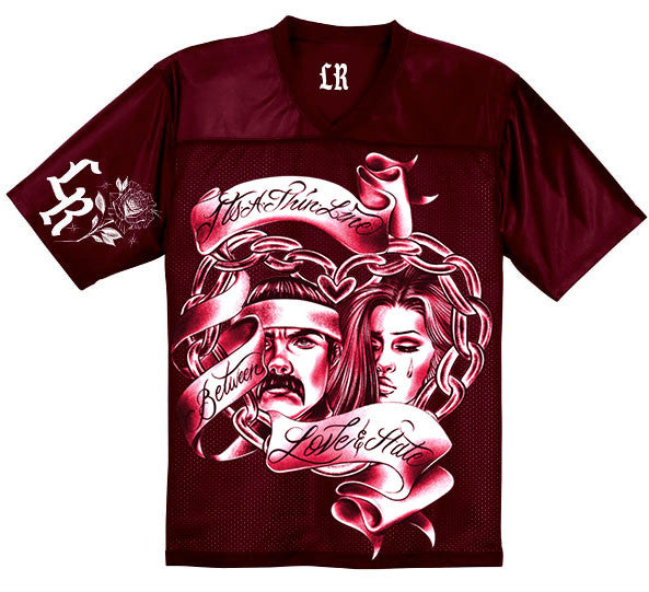 Thin Line Between Love & Hate' Pen & Ink Cut & Sew Football Jersey (Burgundy) Limited Edition
