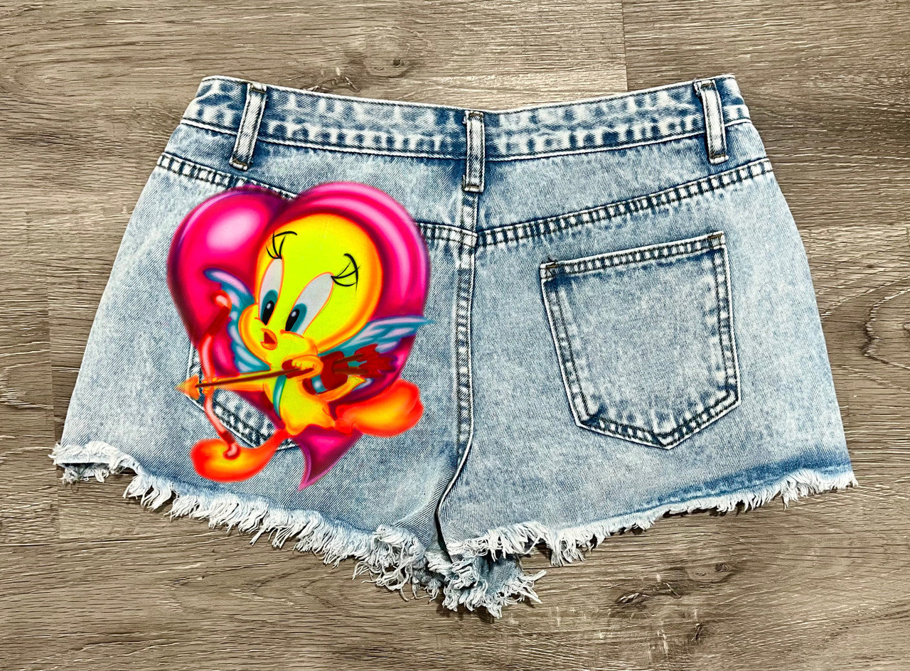 LIMITED EDITION 'TWEETY LOVE' Airbrush Cut-Off Denim Shorts