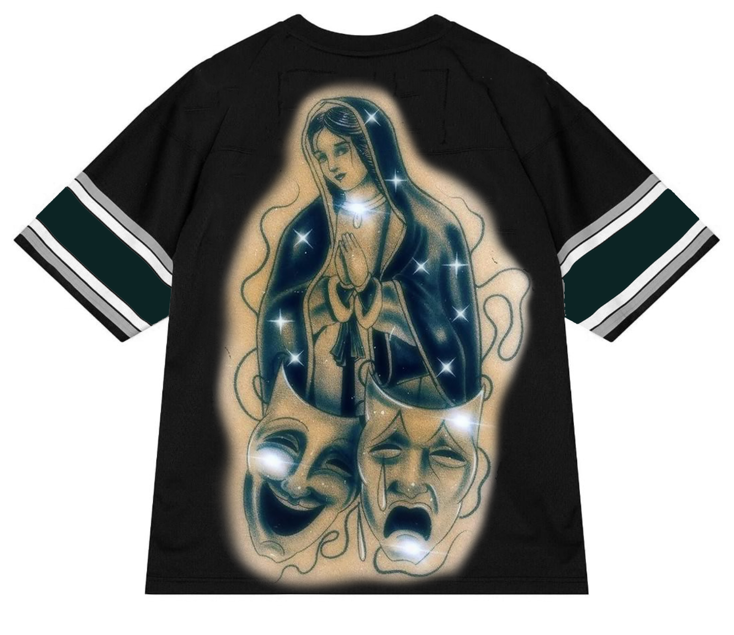 Ultra Premium 'Blessings & Protections' Pen & Ink Cut & Sew Striped Short Sleeve Football Jersey (Black/Grey/Gold/Forest Green)