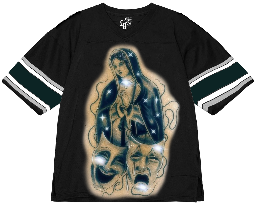 Ultra Premium 'Blessings & Protections' Pen & Ink Cut & Sew Striped Short Sleeve Football Jersey (Black/Grey/Gold/Forest Green)