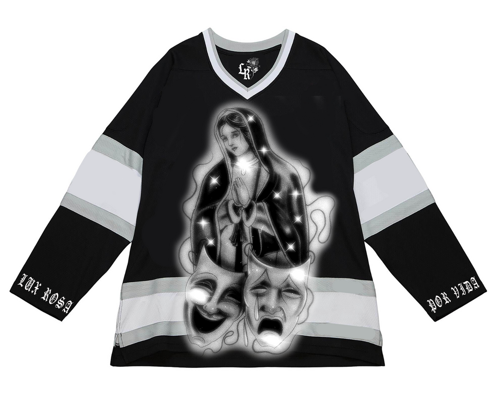 Ultra Premium 'Blessings & Protections' Pen & Ink Cut & Sew Long Sleeve Hockey Jersey (Black/Grey)