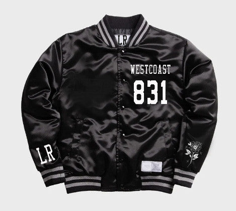 LR Limited Edition Cut & Sew WESTCOAST ROSAS Embroidered Satin Varsity Jacket (BLACK)