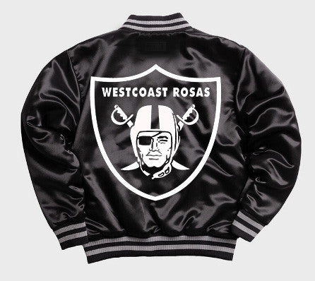 LR Limited Edition Cut & Sew WESTCOAST ROSAS Embroidered Satin Varsity Jacket (BLACK)