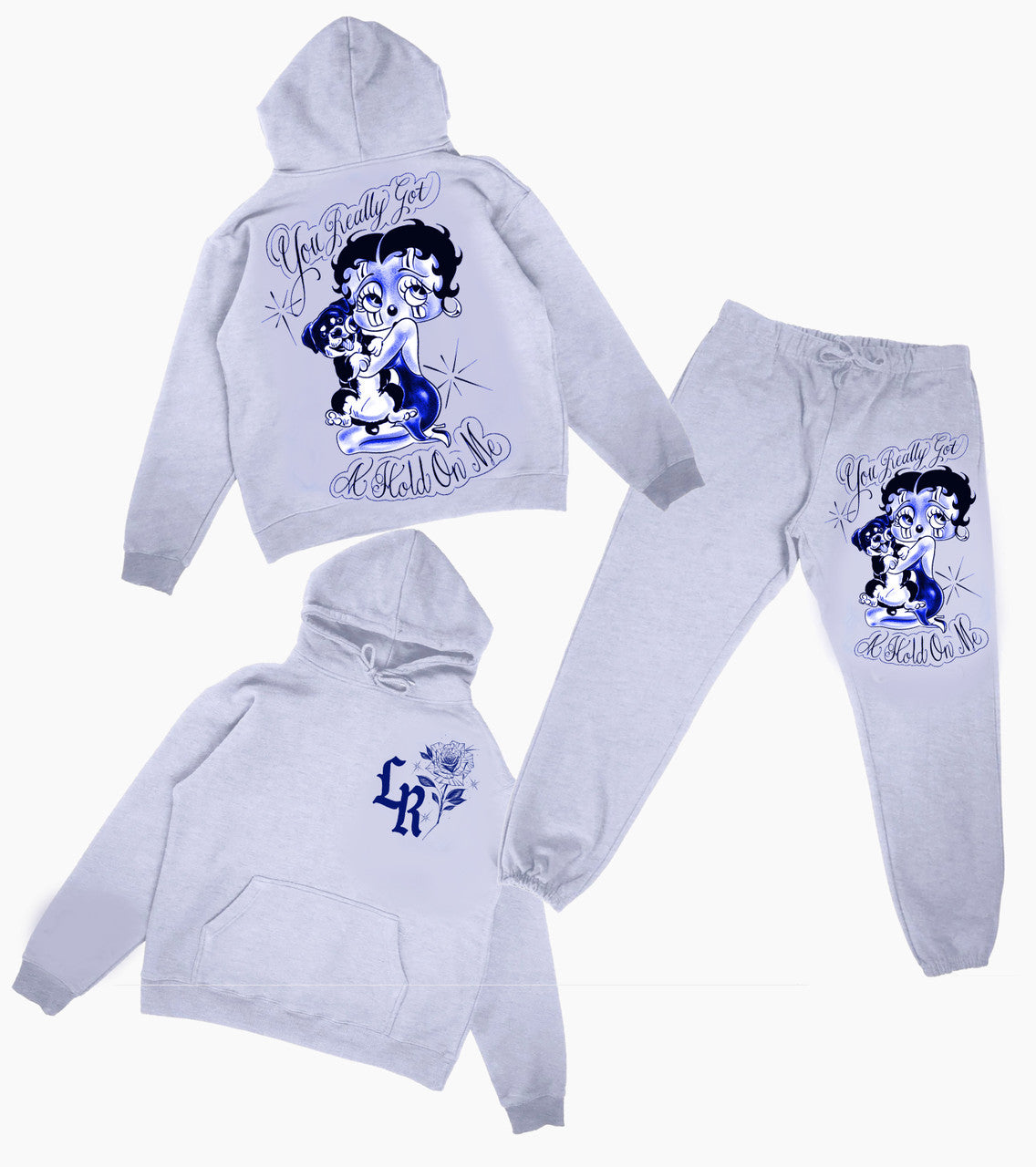You Really Got A Hold On Me' Pen & Ink Premium Pullover Hoodie & Jogger SET (Heather Grey/Blue)