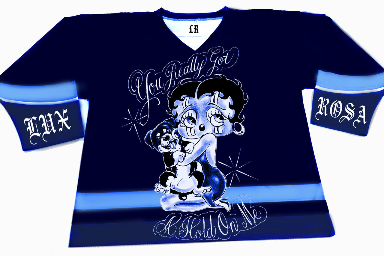 You Really Got A Hold On Me' Pen & Ink Cut & Sew Long Sleeve Hockey Jersey (Navy/Blues)